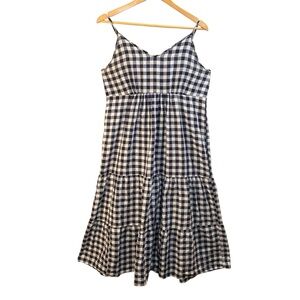 Gingham Dress Navy White Tiered Midi‎ Sundress Sleeveless Casual Summer Sz Large